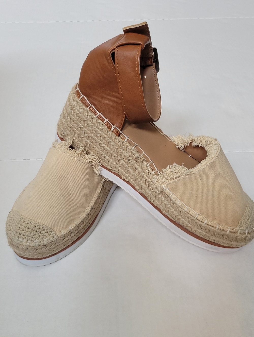 Nautica Valeria Tan Canvas Espadrille Platform Sandals with Ankle Strap Ladies 7